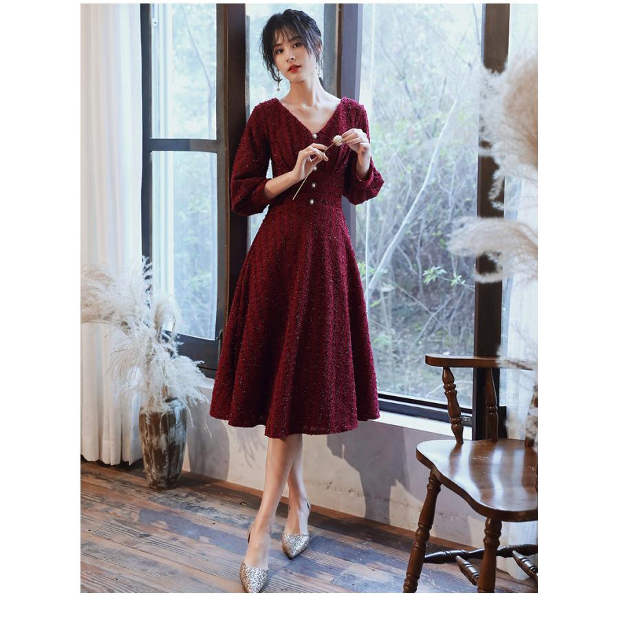 パーティードレス お呼ばれ ワインレッド 9分袖 韓国風 秋冬
