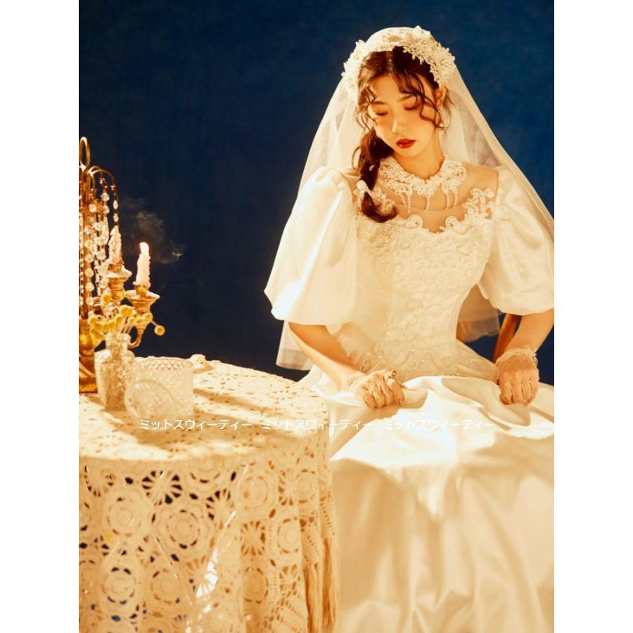 ウエディングドレス レトロドレス 花嫁 レース サテン 白 昭和風 前