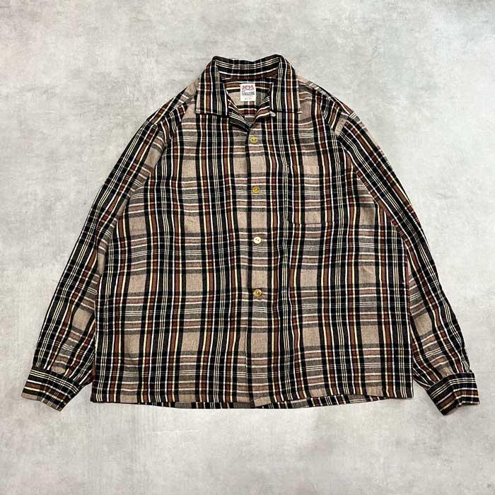 50'S CAMPUS Wool Open Collar Box Check Shirts BROWN MULTI/L 50年代