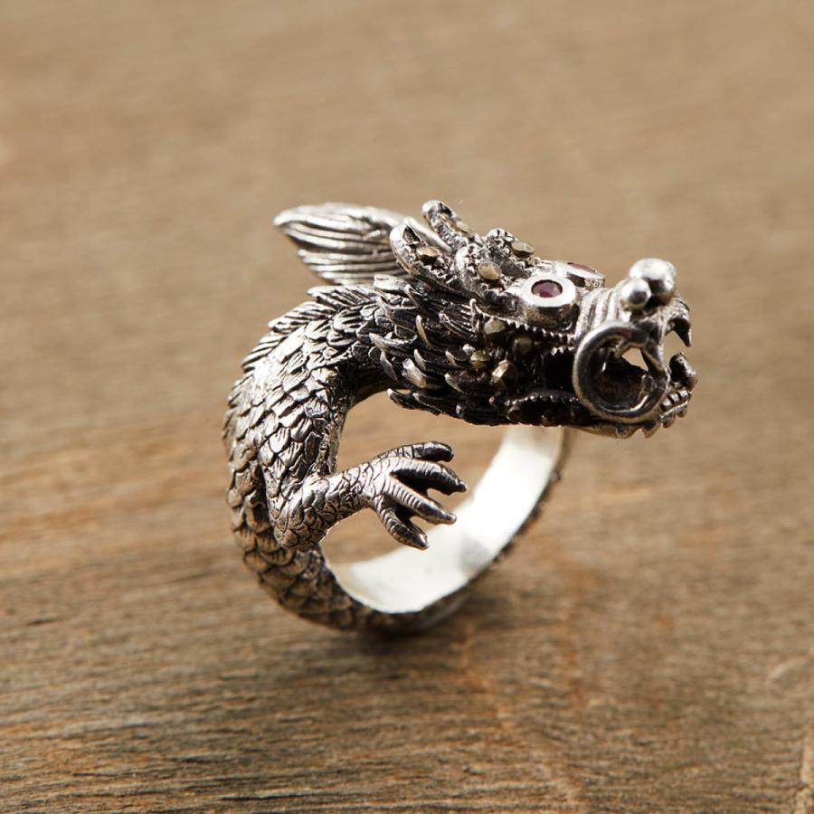 リング シルバー925 ルビー ヘマタイト ドラゴン 龍 竜 フリーサイズ