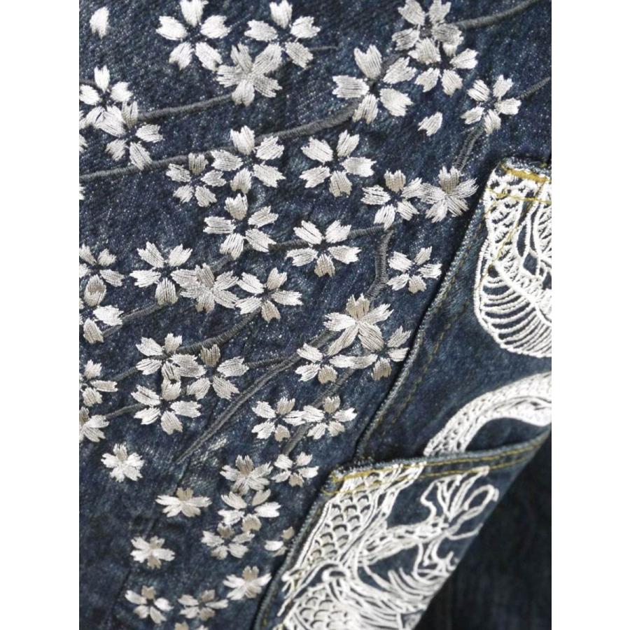 和柄 デニムパンツ 大きいサイズ メンズ 龍刺繍 五連ポケット 桜 絡繰