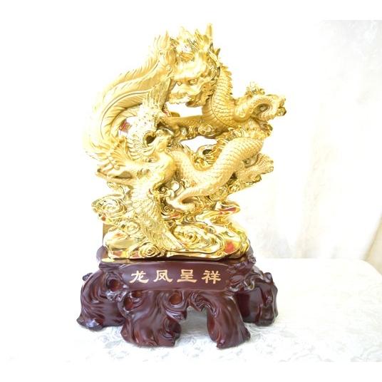 龍 鳳凰 樹脂製置物 台座付き 金色 43cm 夫婦円満 : 横浜中華街龍