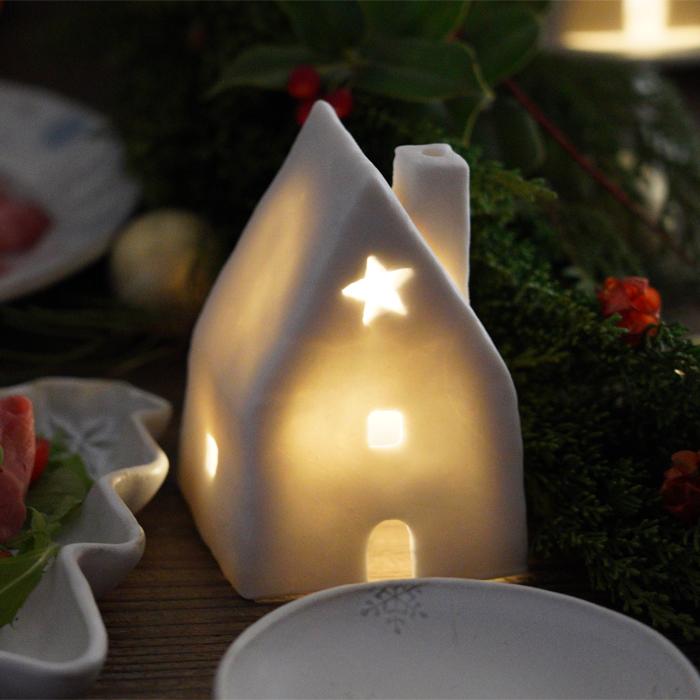 益子焼のキャンドルハウス 【おうち】 LEDライト＆台座つき わかさま