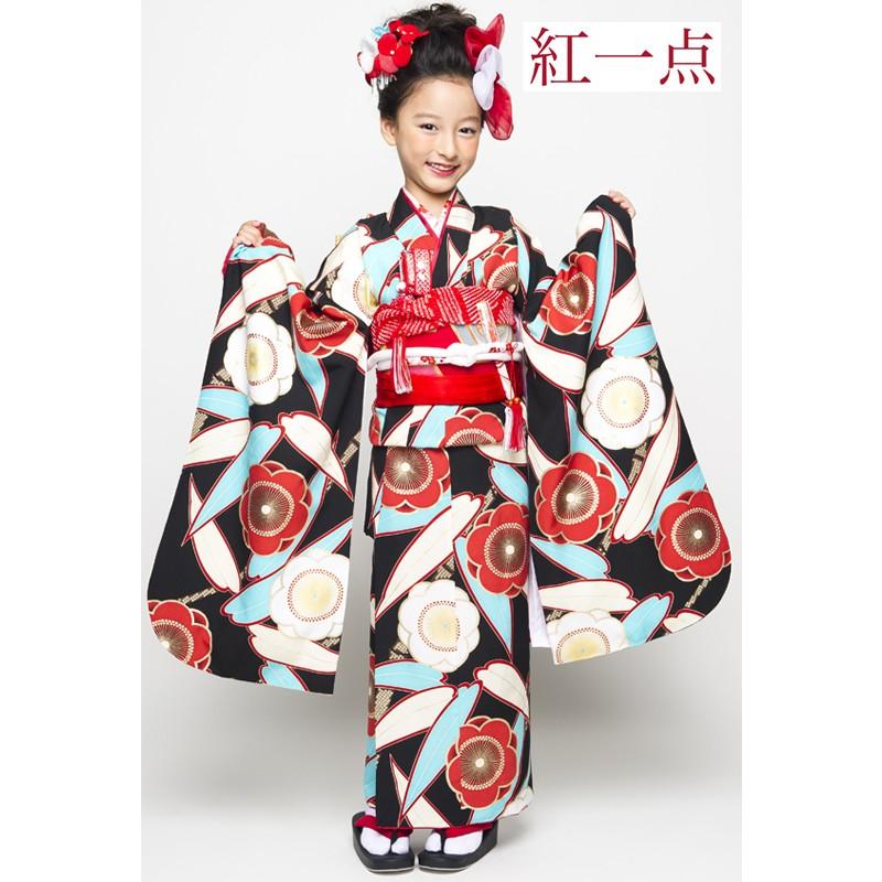七五三 七才 7歳用着物 正絹 ブラック 梅 笹 7歳児用 女の子 紅一点