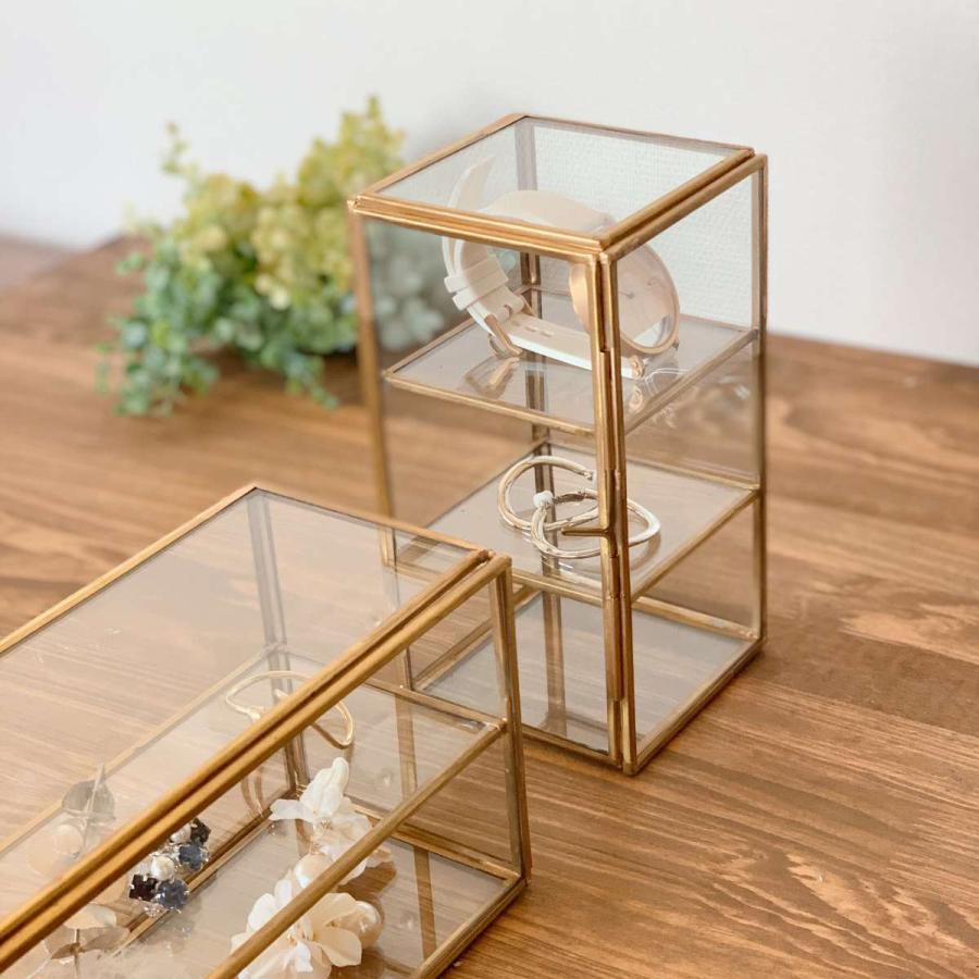 ブラスフレーム ガラスケース 2段ボックス スクエア ガラス雑貨