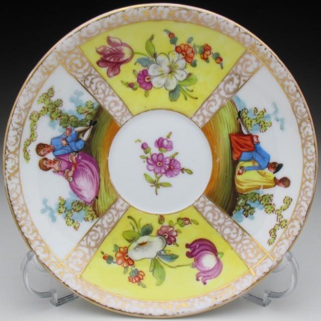 ドレスデン イエロー地ワトー絵 カップ＆ソーサー アンティーク 19世紀