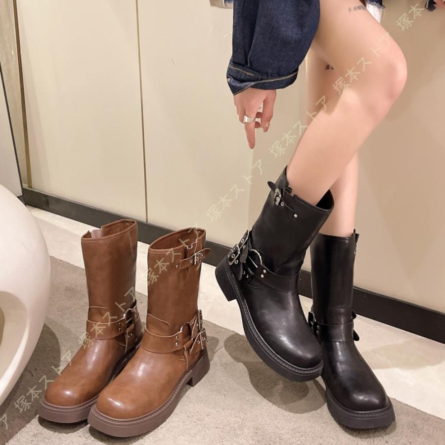 バイク用 エンジニアブーツ レディース 革 ブーツ 厚底 チャンキー