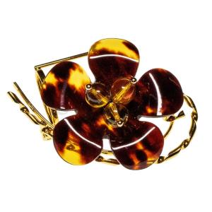 ぶどう型本べっ甲+琥珀ブローチ 軽く 高級感のある 美しいシャンパン