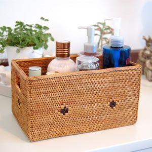 アジアン雑貨 アタ製大きなフタ付きボックス型バスケット Lタイプ