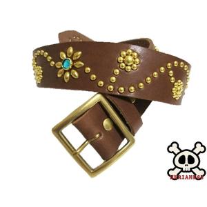栃木レザー フラワー型 スタッズベルト 黒 ブラックスポッツ 日本製 一