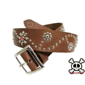 栃木レザー フラワー型 スタッズベルト チョコ アクアブルースポッツ