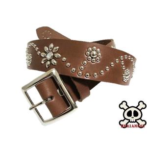 栃木レザー フラワー型スタッズベルト 黒 ターコイズスポッツ 一枚革