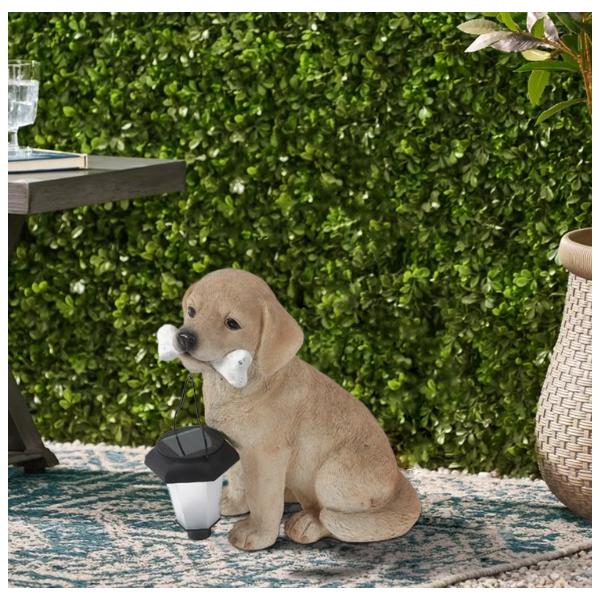 置物 彫像 骨を咥えた子犬 ソーラー式ライト 犬 いぬ イヌ ガーデン 庭