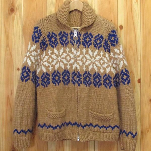古着 カウチン セーター ノルディック柄 雪柄 茶×青×白 スノー ニット