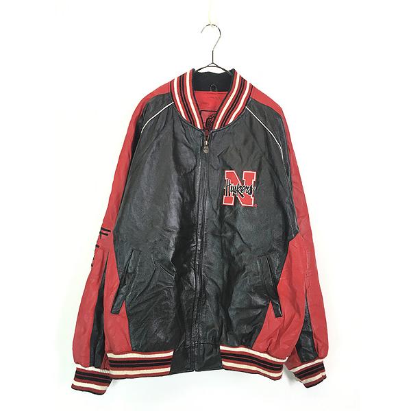 古着 90s Nebraska Huskers ハスカーズ 本革 オールレザー スタジャン