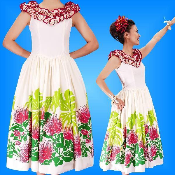 フラダンス ムームー フリル ミディ丈ドレス ホワイト Fサイズ 2197wF