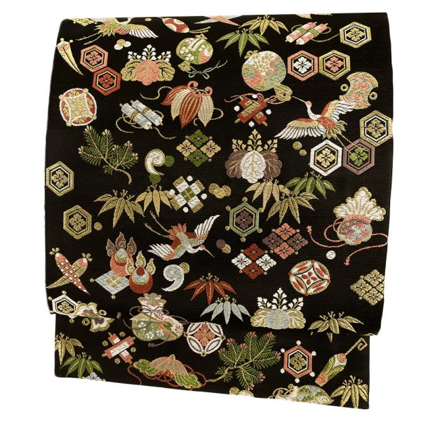 袋帯 正絹 西陣織 山下織物 唐織 黒地 招福宝尽くし 未仕立て品 着物