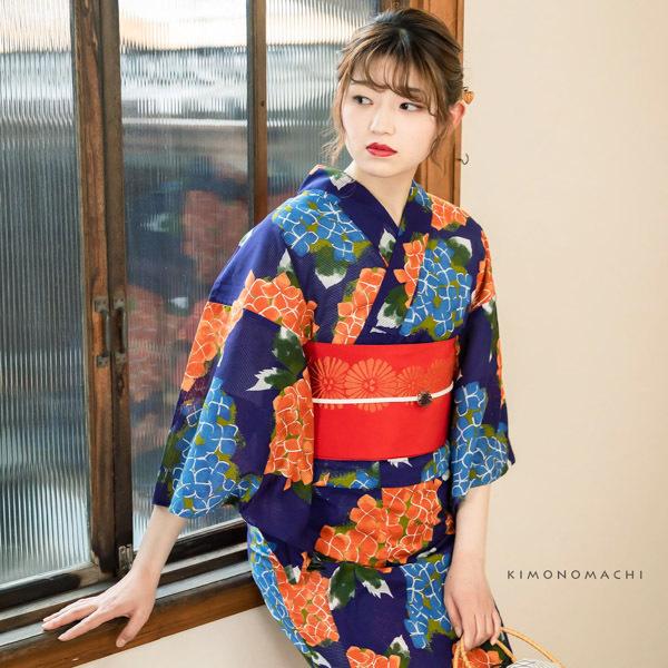 KIMONOMACHI （Prices down2）浴衣 レディース 「紫陽花 紺」綿絽 大人