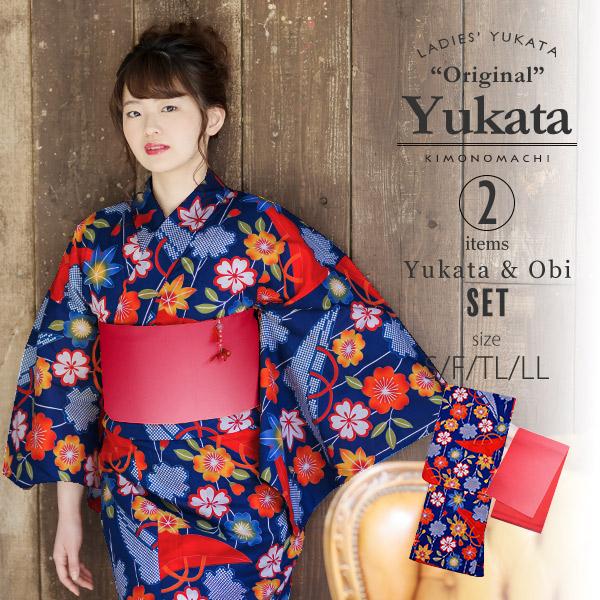 KIMONOMACHI 浴衣 レディース セット オリジナル 「青色 枝垂れ桜に笠