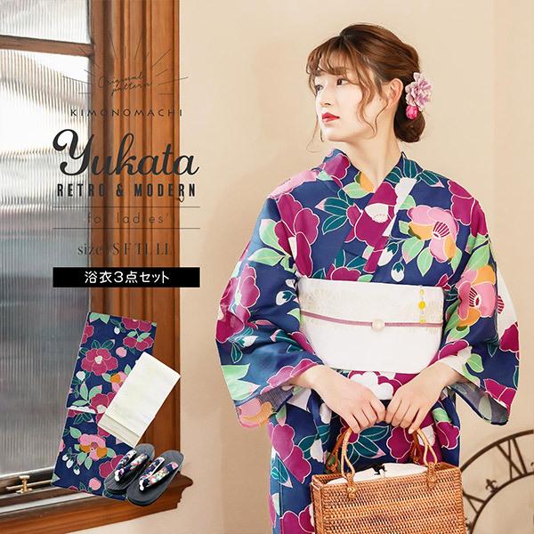 KIMONOMACHI 浴衣 レディース レトロ 3点 セット「椿 紺」 浴衣＋帯＋