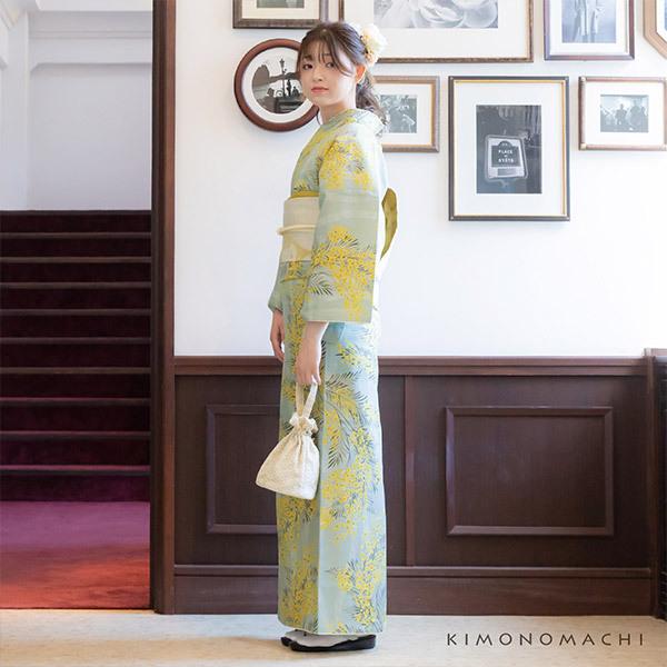 KIMONOMACHI 洗える着物 セット 「袷着物：ミモザに立涌錆青磁色＋京