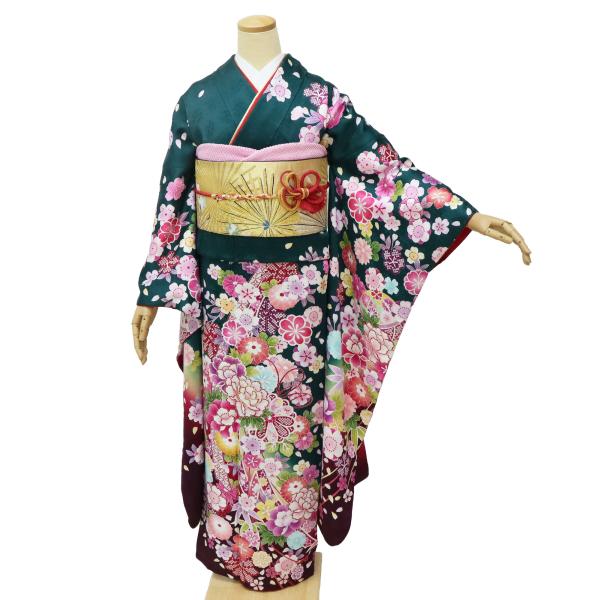 振袖 中古 緑 フルセット 販売 正絹 一式 格安 リサイクル 美品 安い