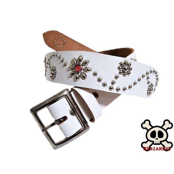 栃木レザー フラワー型 スタッズベルト 白 ピンクスポッツ 日本製 一枚