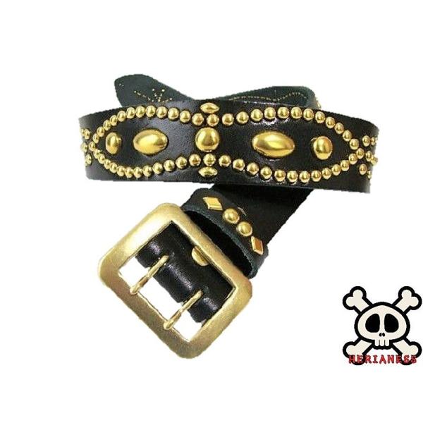 真鍮製バックル 栃木レザー ピーナッツ型 真鍮スタッズベルト 黒 一枚