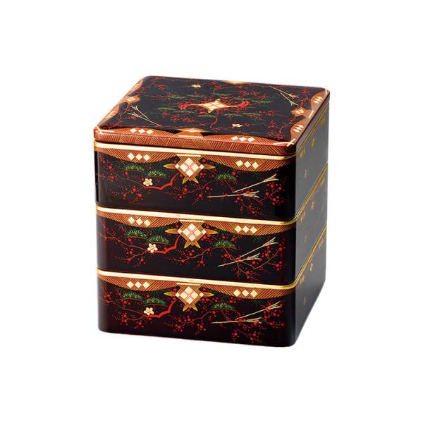 溜内朱6.0三段重(仕切1本付) 会津絵松竹梅(漆・手塗・手描) 天然木製