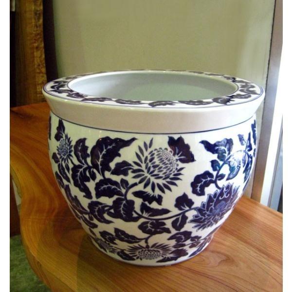 浮彫魚缶 洋蓮 青 (大) 14号鉢 火鉢 めだか アンティーク 水鉢 陶器