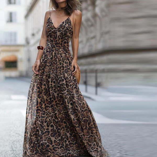マキシ ワンピース ヒョウ柄 レオパード シフォン ノースリーブ