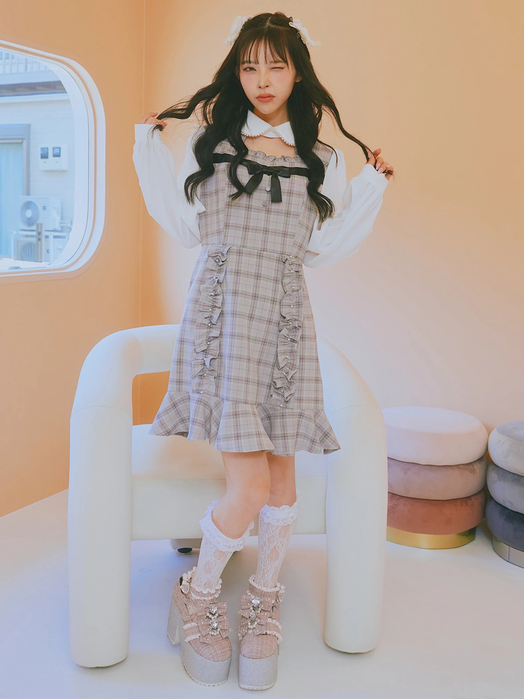 新品・未開封】ハニーミュウ チェック アンサンブル ワンピース グレー