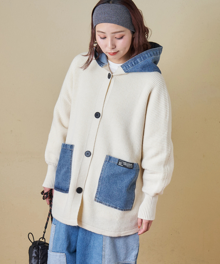 冬クリアランス】デニム × ニット フード ジャケット｜ファッション