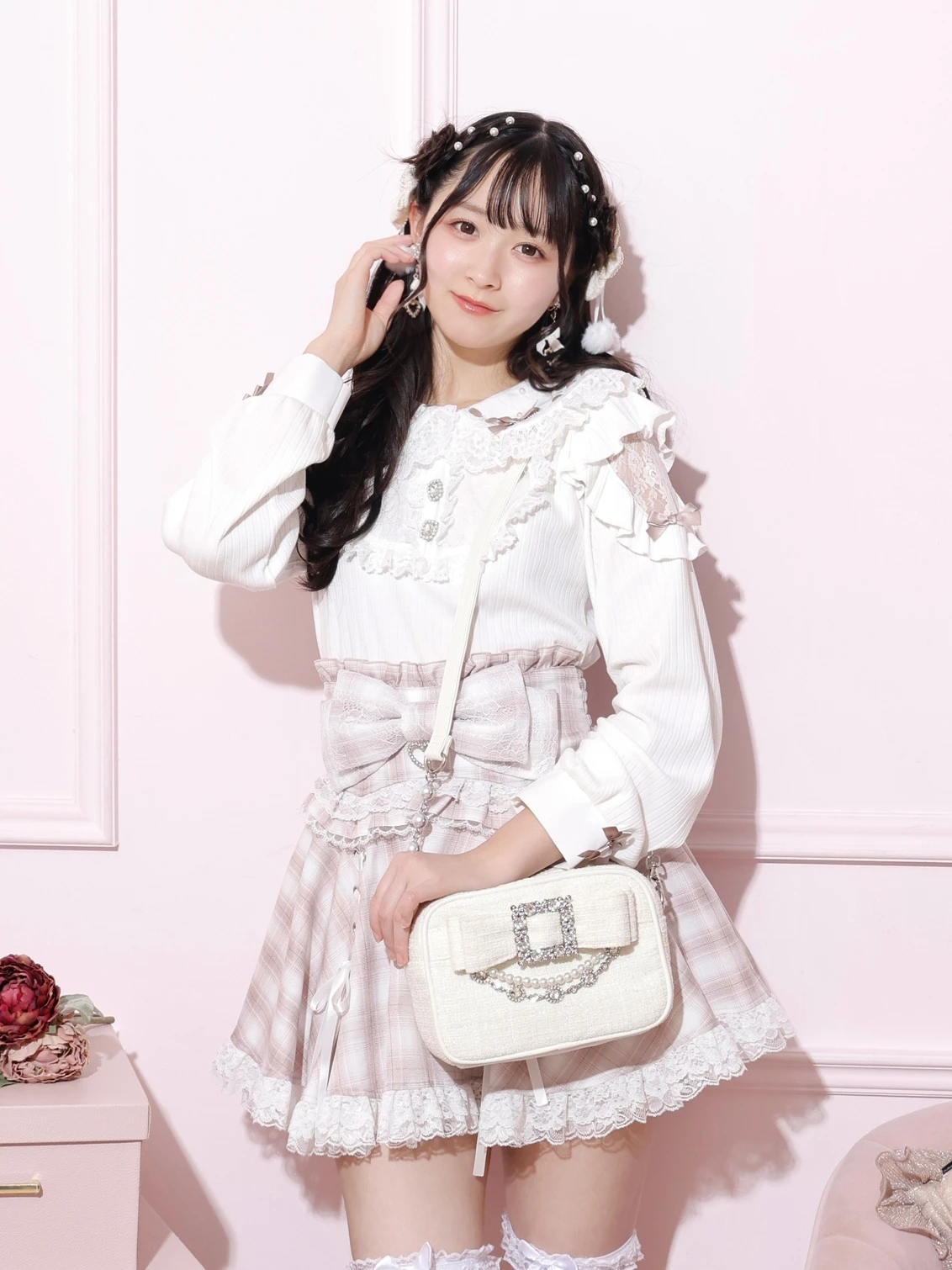 お嬢さんツイードリボンビジューショルダーバッグ（ショルダーバッグ