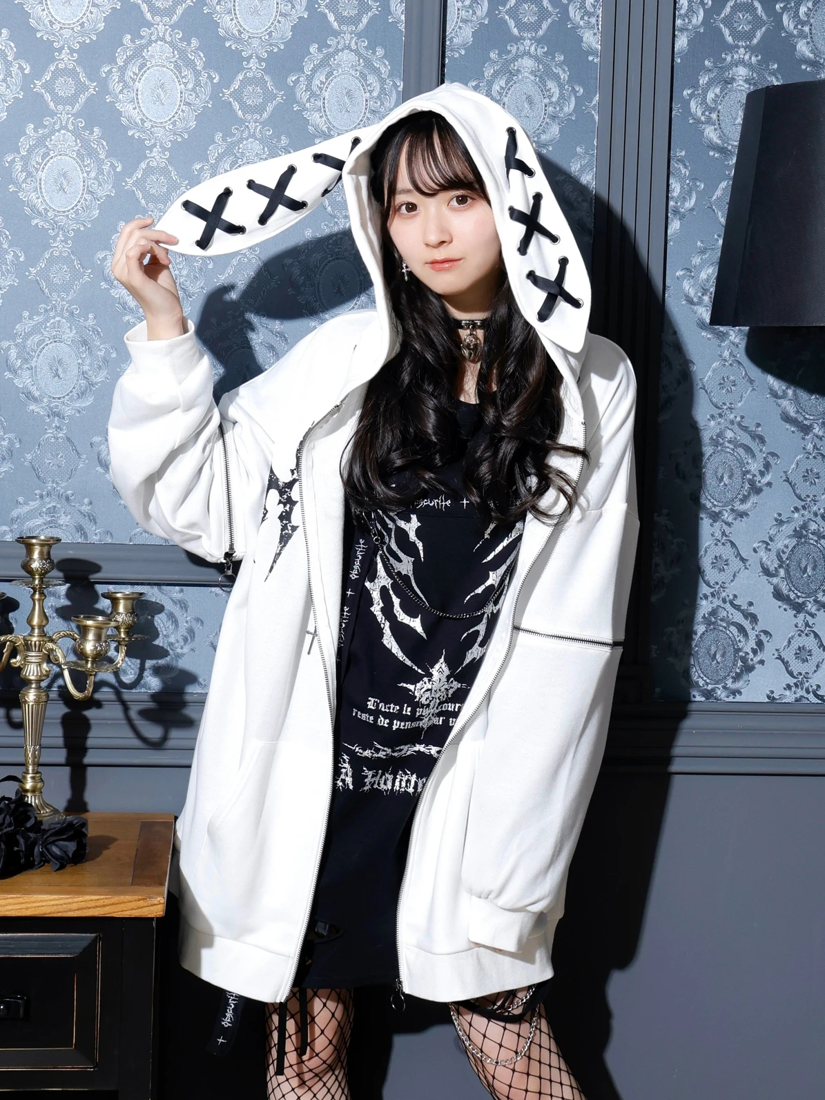 2WAYうさ耳ユニセックスZIP裏毛パーカー（パーカー｜黒・紫・オフ