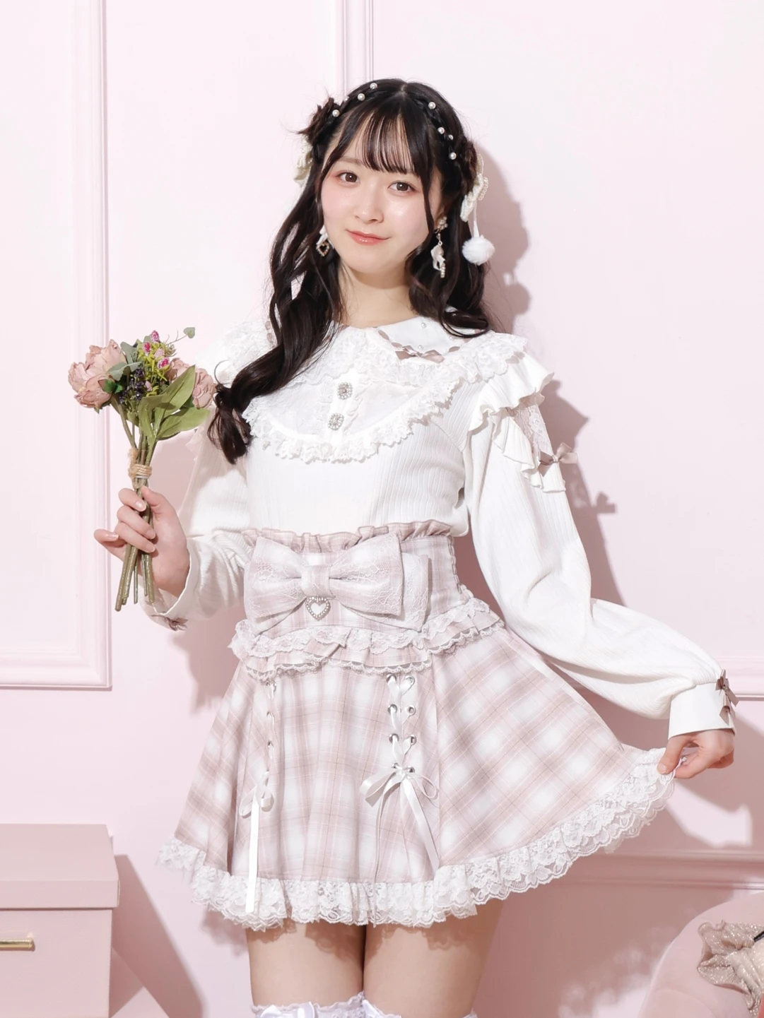 ドーリーリボンダブルスピンドルスカパン（ミニスカート｜ピンク・黒