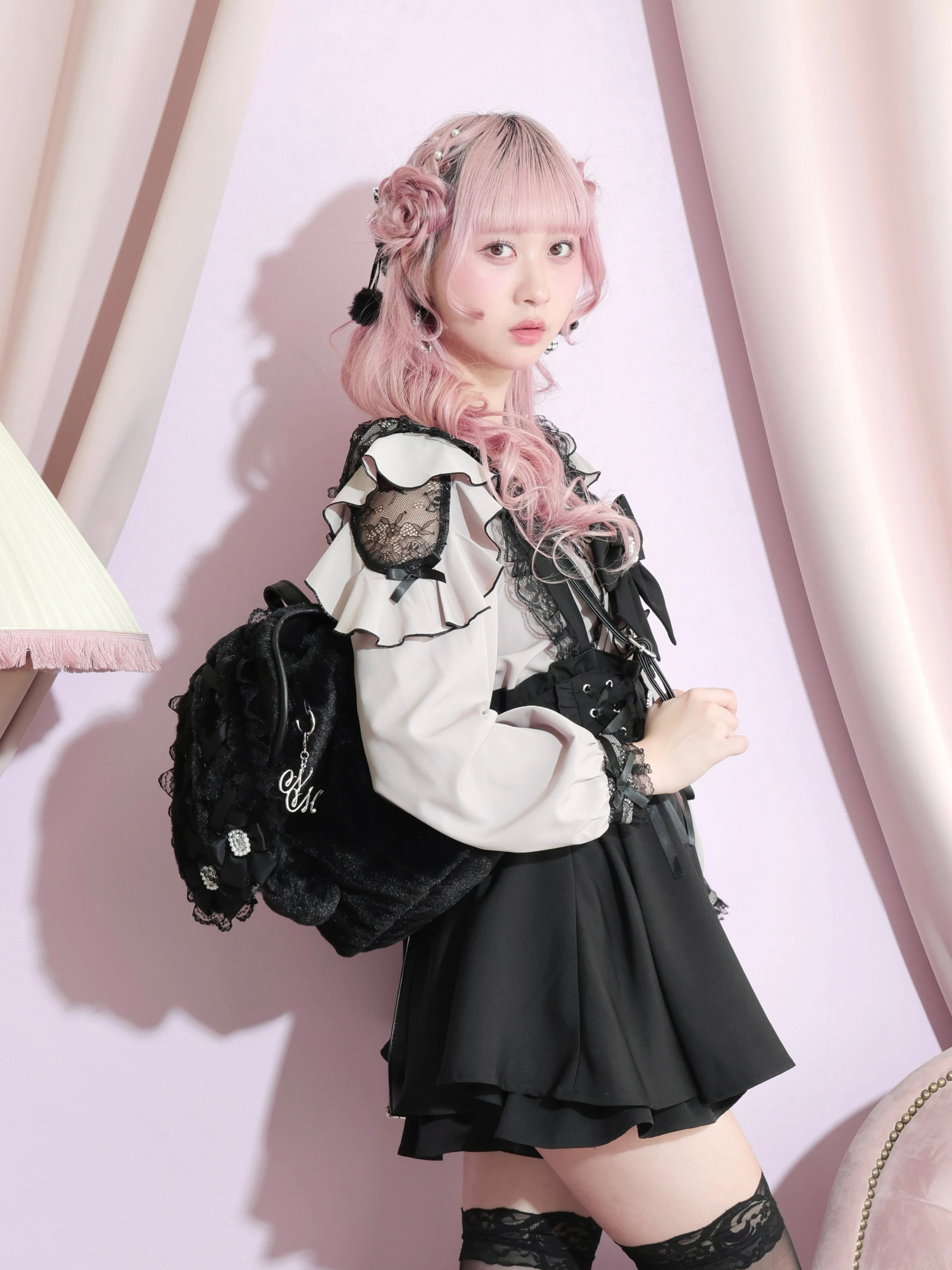 うさ耳リボンレースアップファーリュック（リュック｜ピンク