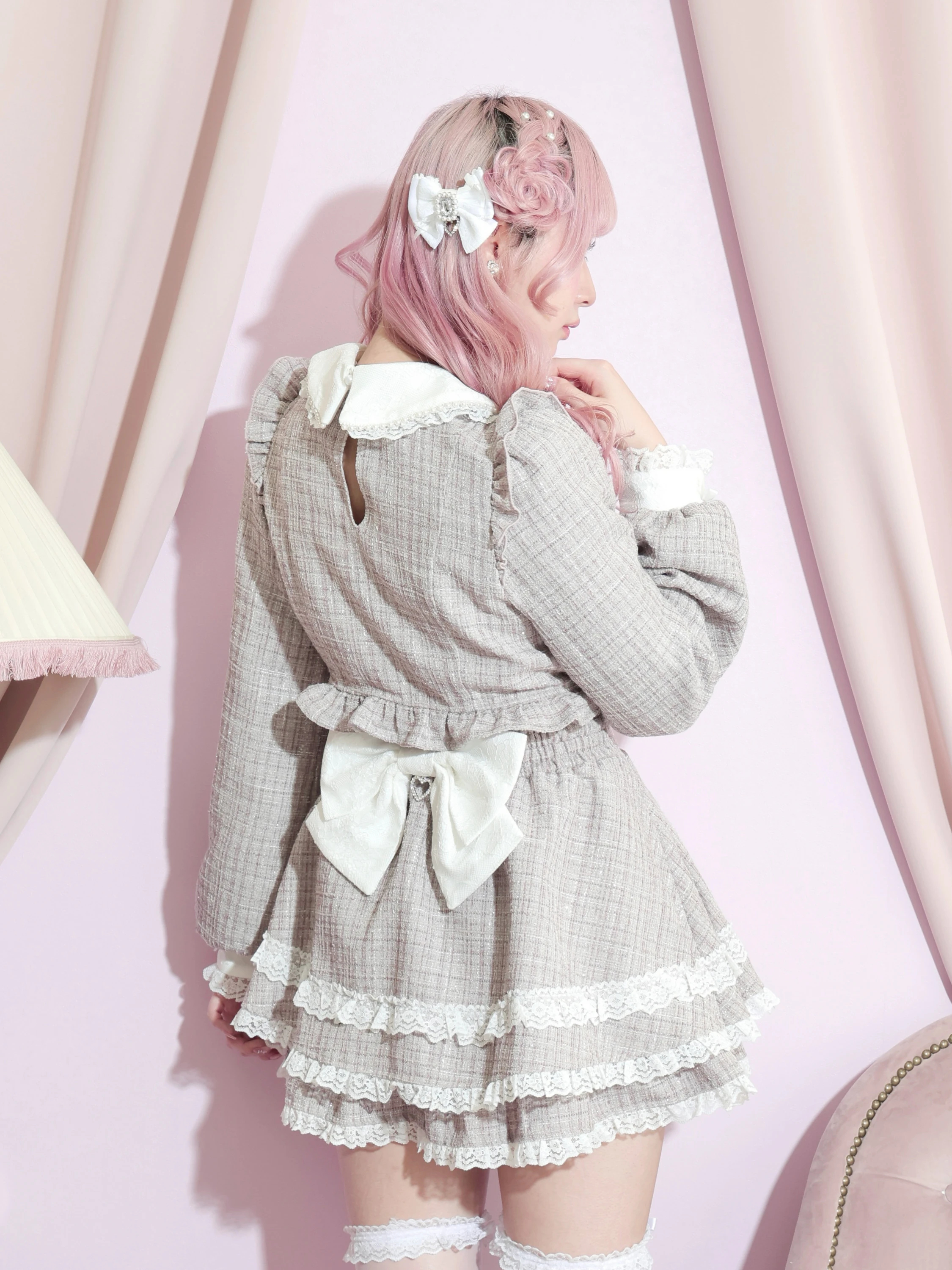 キラキラツイードデコルテレースセットアップ（セットアップ｜ピンク