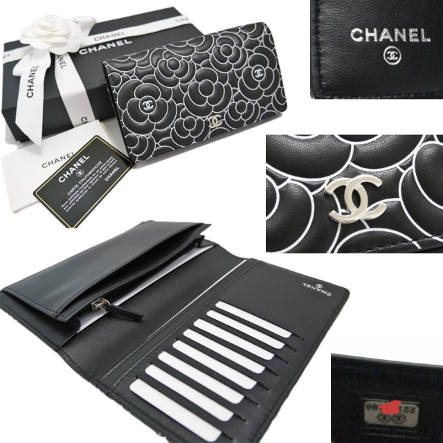 シャネル カメリア レザー長財布 黒×白 CHANEL