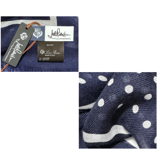 ロロピアーナ カシミア×シルク ドット柄 スカーフ ネイビー Loro Piana