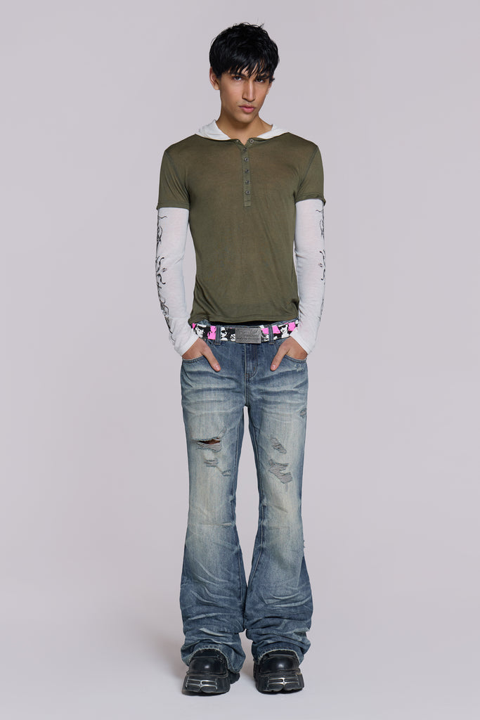Mid Blue Distressed Creased Drift Bootcut Jeans | Jaded London