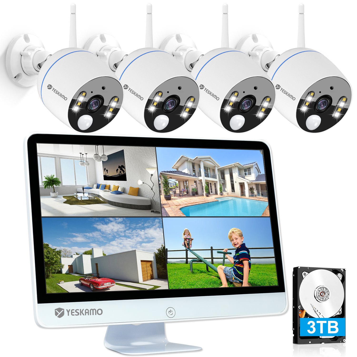 TJ12 】500万画素ワイヤレス防犯カメラ4台＋8チャンネル12インチ防犯