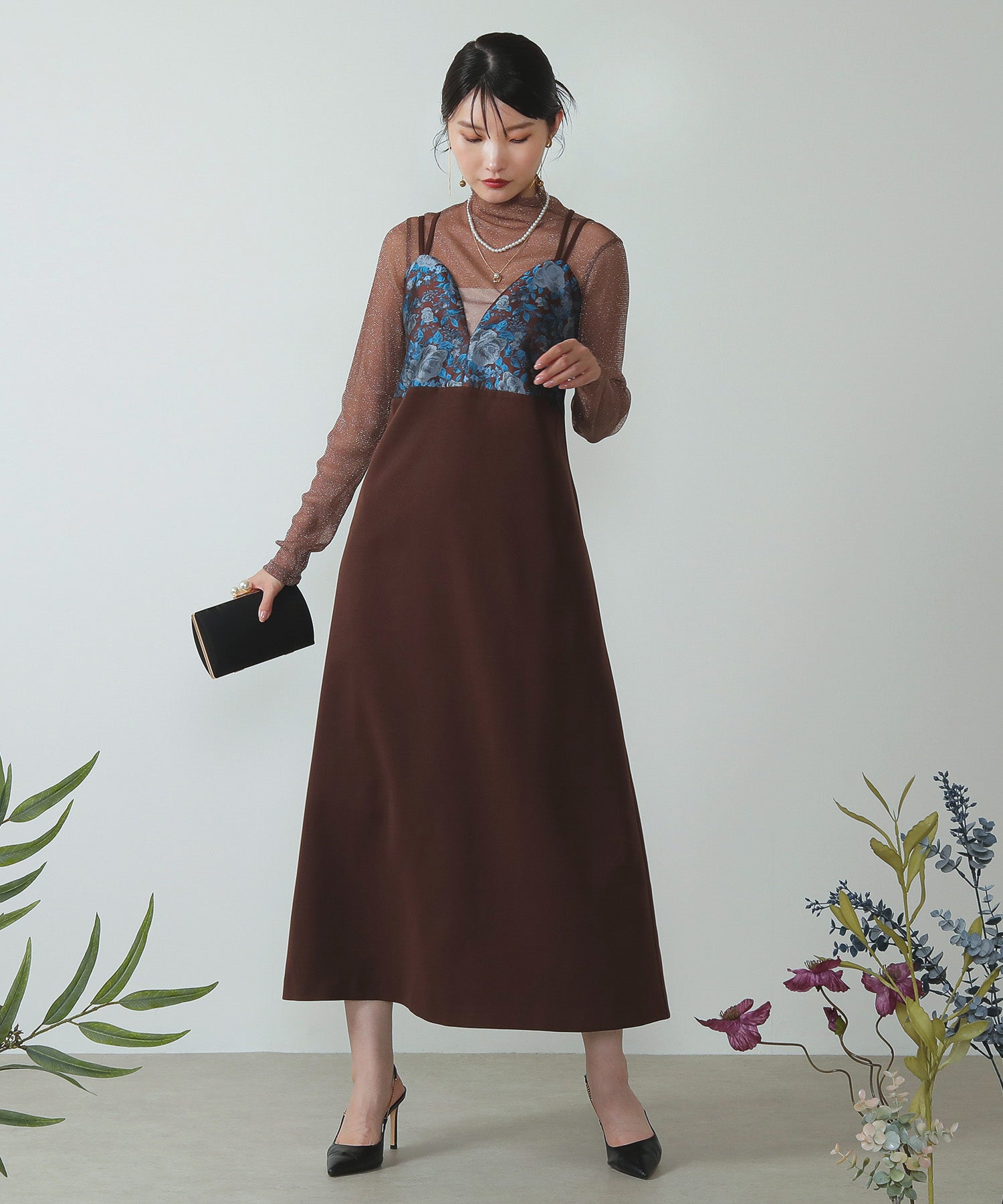 ラメ シアー トップス 花柄ワンピ 2点セット パーティードレス 結婚式