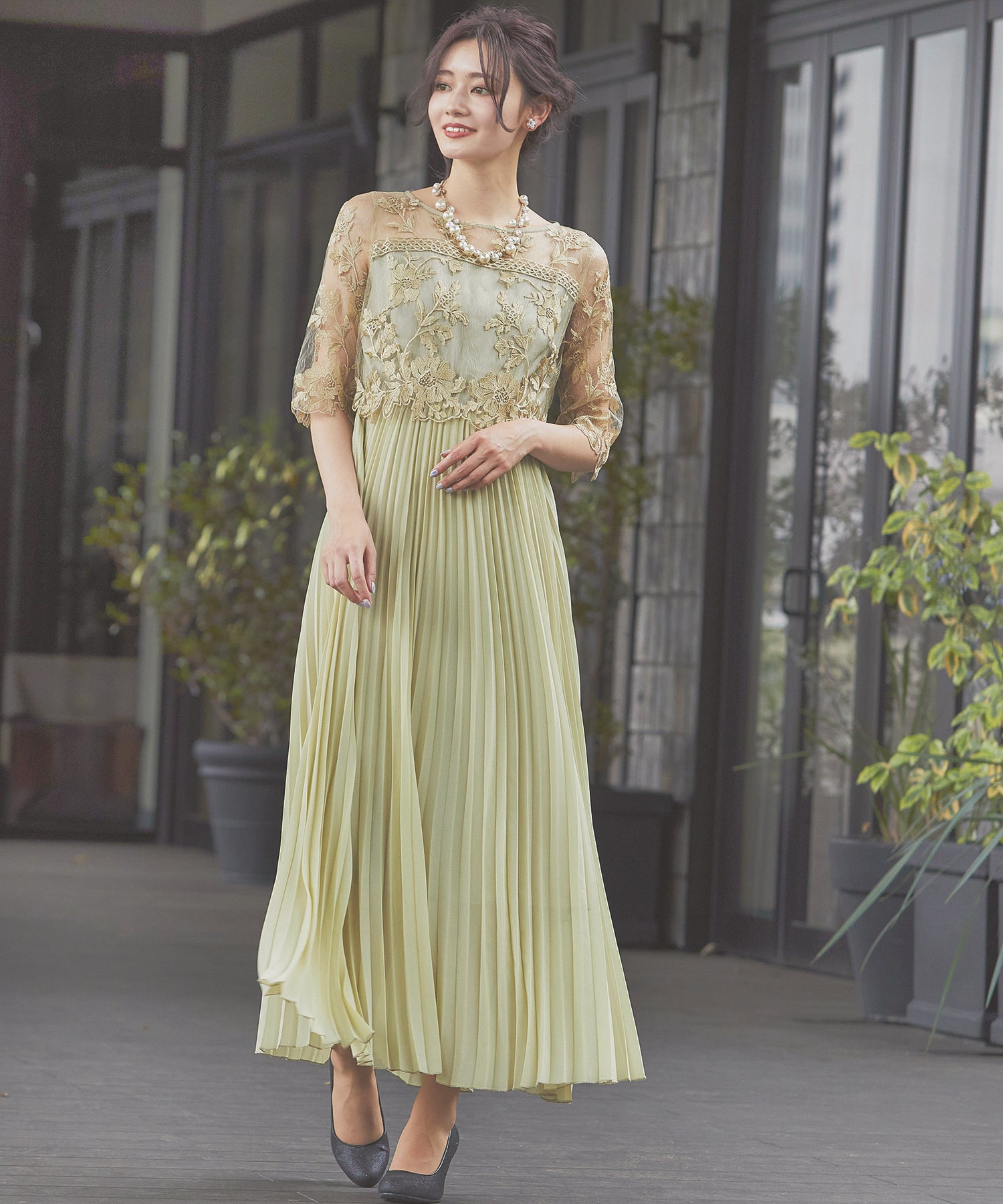 フラワー刺繍レース 切り替えプリーツロング パーティードレス