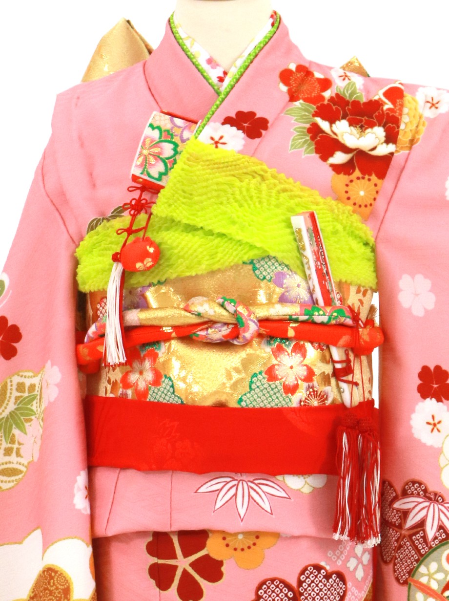 ピンク地に牡丹と扇の着物／七五三・七歳女の子 | 宅配着物レンタルの
