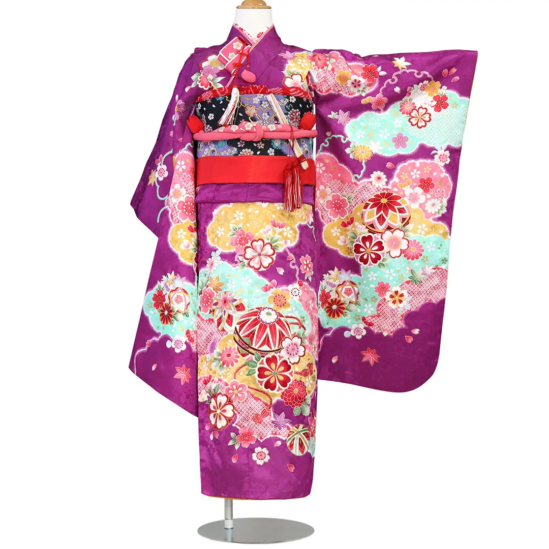 黒色に枝垂れ桜と鈴の着物／七五三・七歳女の子 | 宅配着物レンタルの