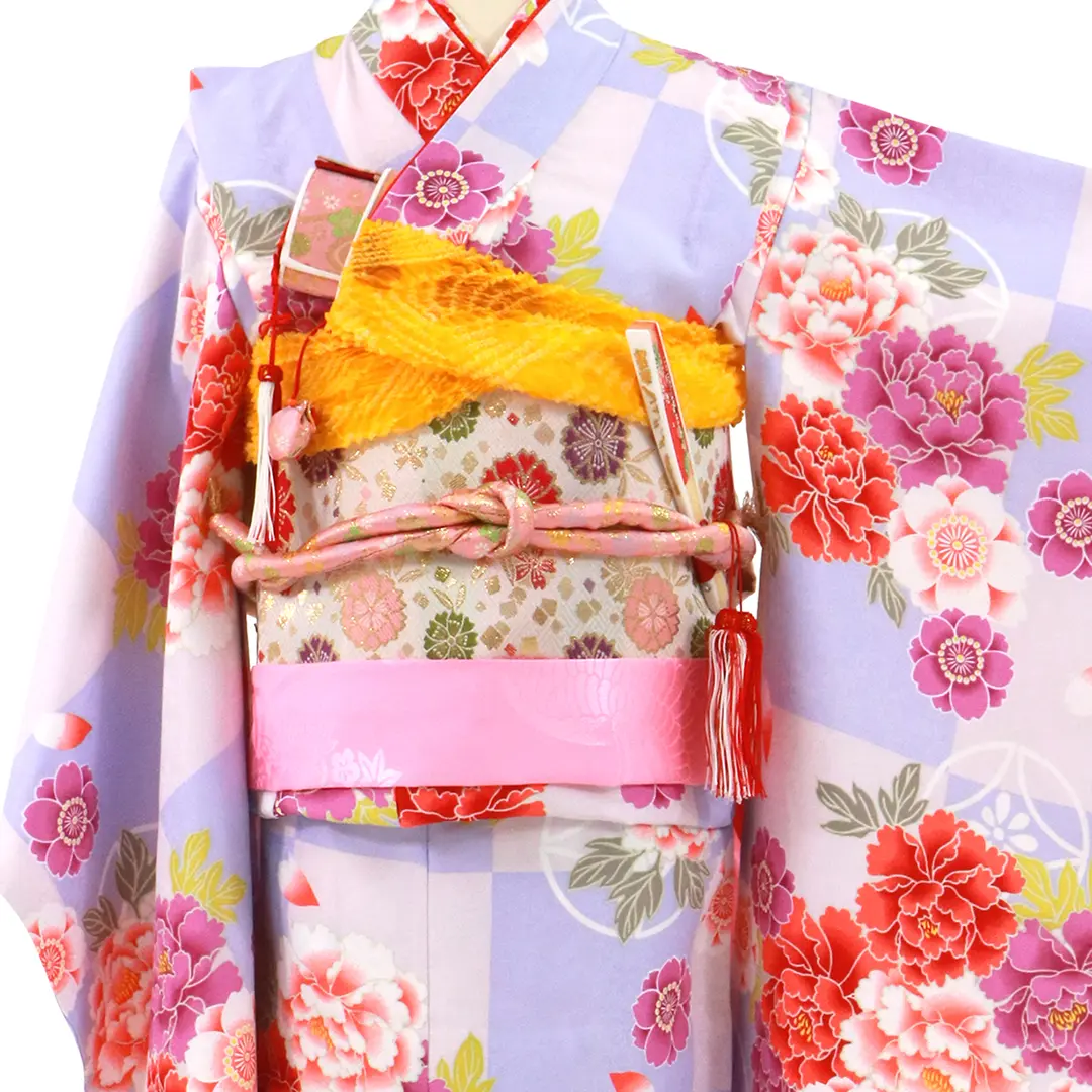 薄紫とピンクの市松に牡丹の着物／七五三・七歳女の子 | 宅配着物