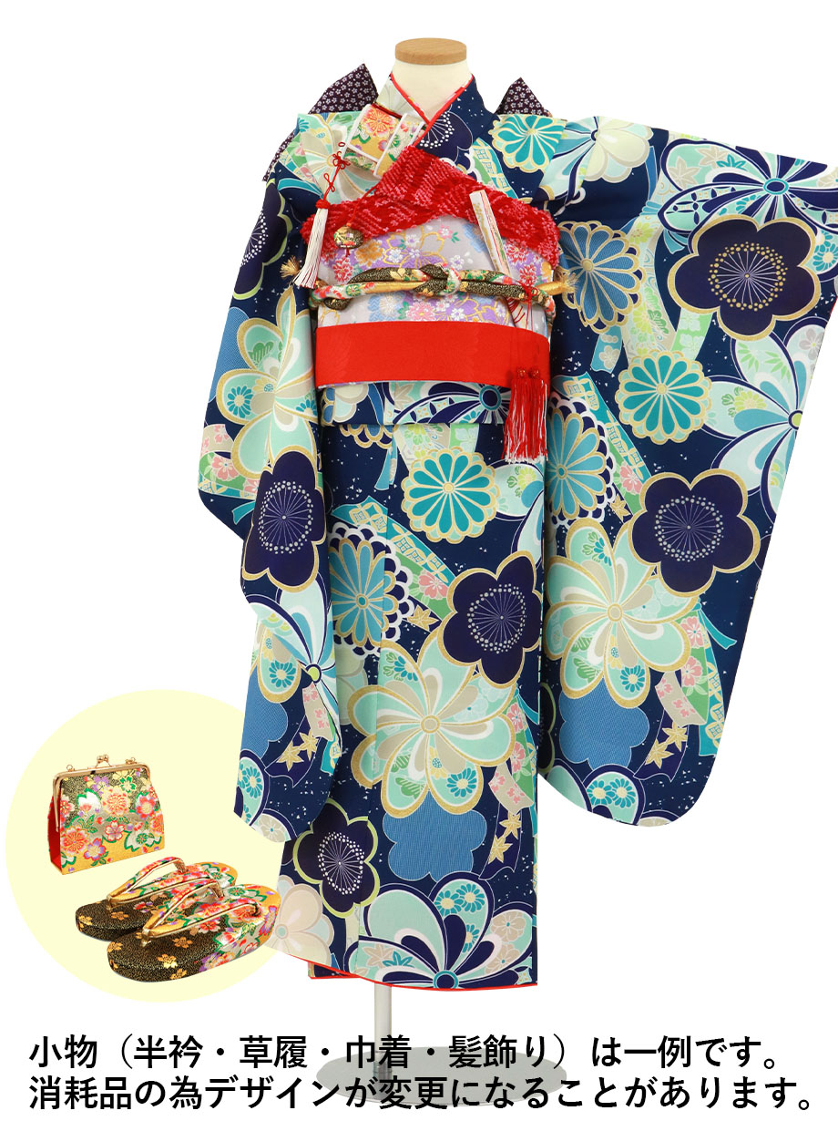 紺地にねじり菊と梅の着物／七五三・七歳女の子 | 宅配着物レンタルの