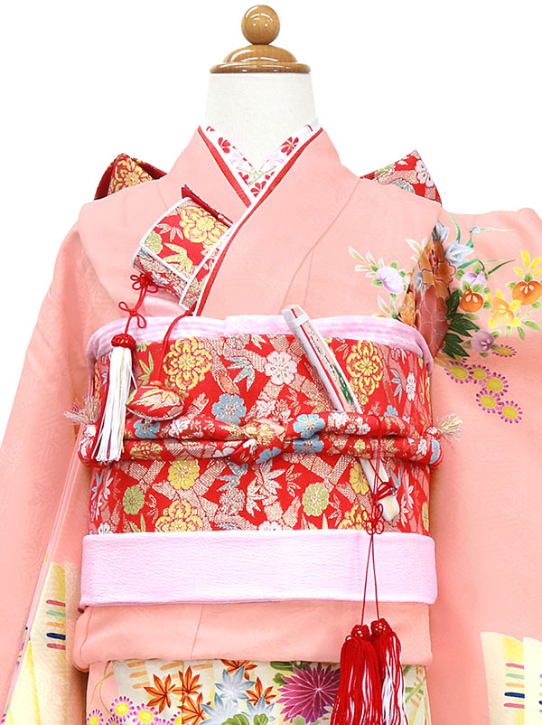 ピンク地に花車と花扇の着物（赤帯にピンク）／七五三・七歳女の子