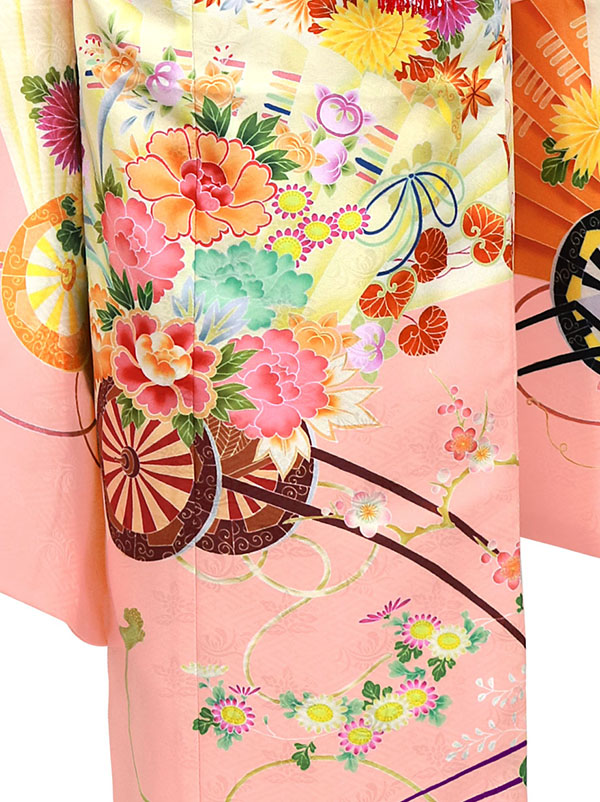 ピンク地に花車と花扇の着物（赤帯にピンク）／七五三・七歳女の子